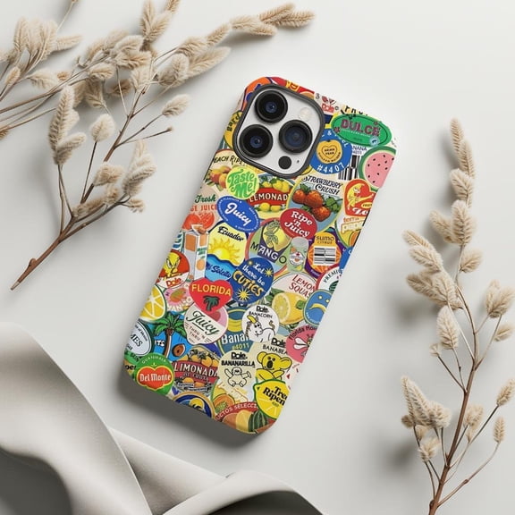 Protective iPhone Case Fruit Sticker Collage Phone Case Summer Vibe Maximalist Aesthetic Cover Version 2 IP13/14 Magnetic MagSafe Compatible