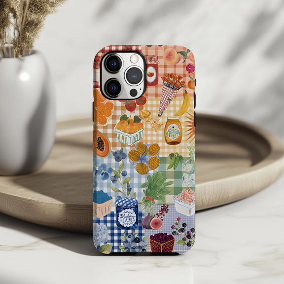 Protective iPhone Case Fruity Collage Phone Case Checkered Fruit Farm Market Foodie IP13/14 Magnetic MagSafe Compatible