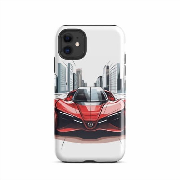 Protective iPhone Case Futuristic Red Car Cityscape Modern Sci Fi Durable Smartphone Cover IP16 Magnetic MagSafe Compatible