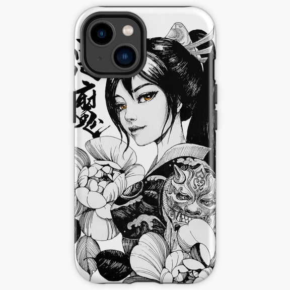 Protective iPhone Case Geisha Japanese Samurai Flowers Ornament Traditional Culture Heavy Duty Shockproof Hard Shell IP13/14 Magnetic MagSafe Compatible