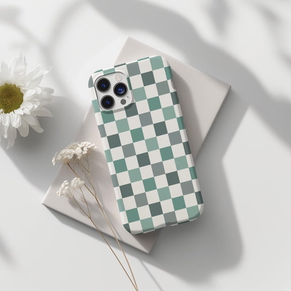 Protective iPhone Case Geometrical Pattern Green Gray Squares Abstract Art Retro Block Shield IP15 Magnetic MagSafe Compatible