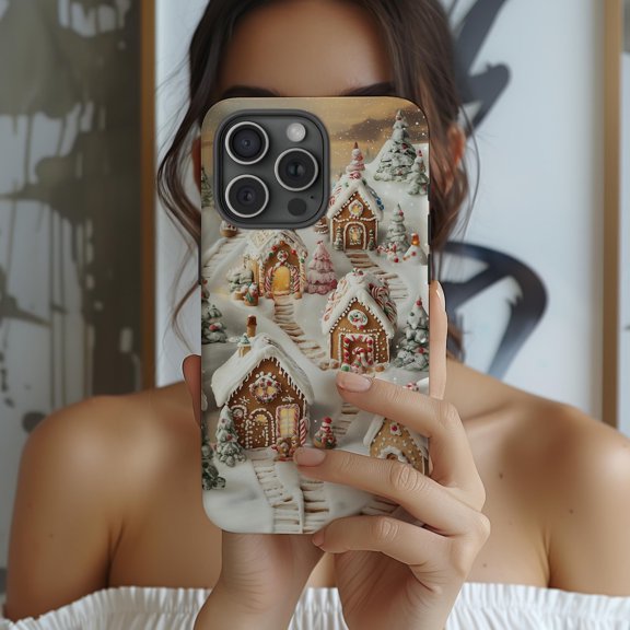 Protective iPhone Case Gingerbread Village Frosty Winter Landscape Sweet Cookie Houses Cover IP15 Magnetic MagSafe Compatible