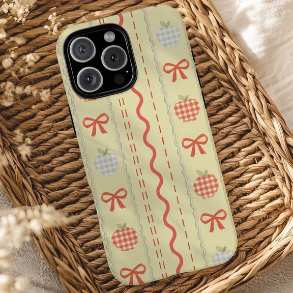 Protective iPhone Case Gingham Coquette Apple Bow Phone Case Preppy Fruit Spring Aesthetic IP15 Magnetic MagSafe Compatible