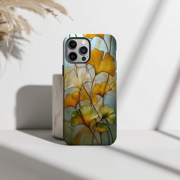 Protective iPhone Case Ginkgo Stained Glass Faux Mosaic Nature Lover Hard Case Guard IP15 Magnetic MagSafe Compatible