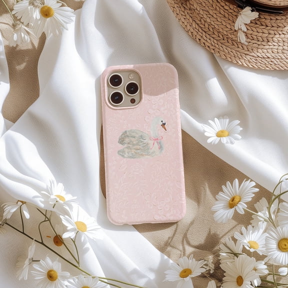 Protective iPhone Case Girly Pink Swan Preppy Aesthetic Floral Bows Wreath Layout Cover IP13/14 Magnetic MagSafe Compatible