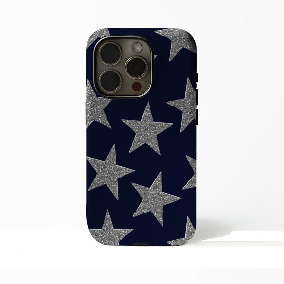 Protective iPhone Case Glittery Silver Stars Protective Cell Phone Case Dark Blue Y2K Cover IP16 Magnetic MagSafe Compatible