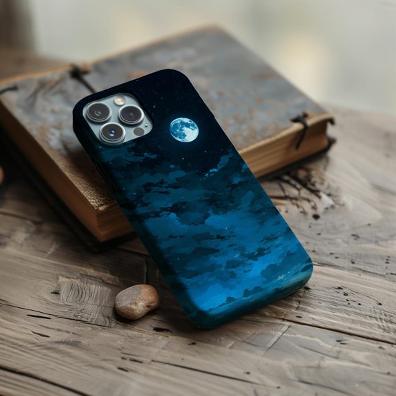Protective iPhone Case Glowing Night Moon Blue Clouds Stars Design Celestial Midnight Cover IP13/14 Magnetic MagSafe Compatible