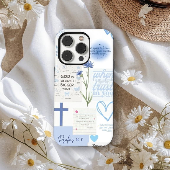 Protective iPhone Case God Christian Jesus Saves Bible Verse Collage Blue Scripture Phone Cover IP15 Magnetic MagSafe Compatible