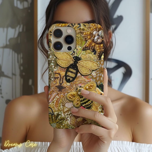 Protective iPhone Case Gold Bee Mosaic Phone Case Trendy Festival Look IP13/14 Magnetic MagSafe Compatible