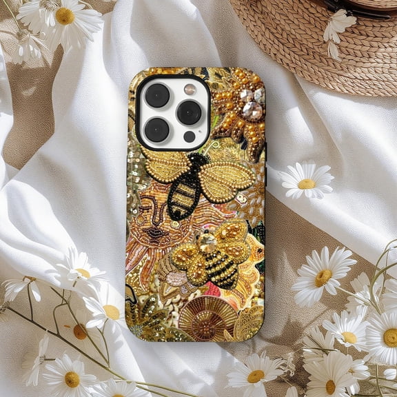 Protective iPhone Case Golden Bee And Floral Beadwork Phone Case Luxury Gold Floral Bee Design IP13/14 Magnetic MagSafe Compatible