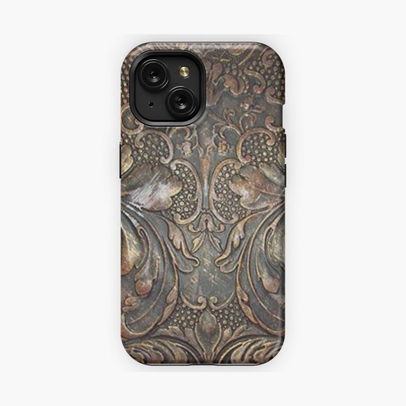 Protective iPhone Case Golden Brown Carved Tooled Leather Western Pattern Phone Case IP13/14 Magnetic MagSafe Compatible
