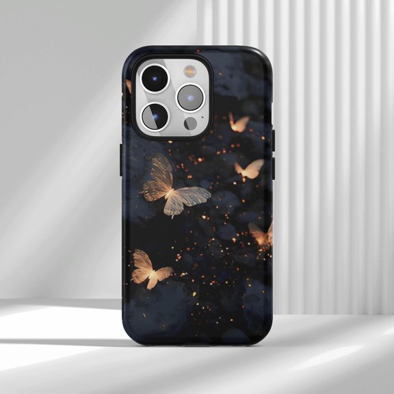 Protective iPhone Case Golden Butterfly Protective Cell Phone Case Dark Fantasy Night Aesthetic Sparkling Cover IP15 Magnetic MagSafe Compatible