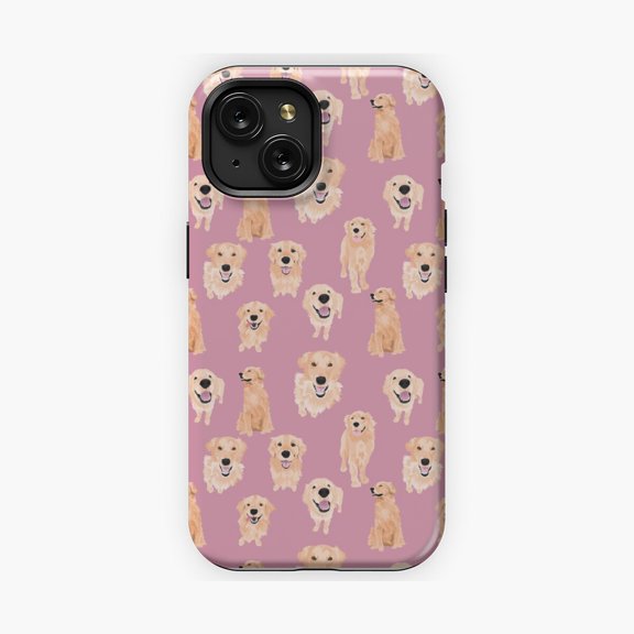 Protective iPhone Case Golden Retrievers on Pink Background Phone Case IP15 Magnetic MagSafe Compatible