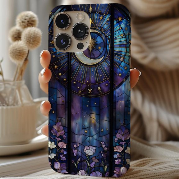 Protective iPhone Case Gothic Celestial Moon and Stars Phone Case Stained Glass Cosmic Art IP13/14 Magnetic MagSafe Compatible
