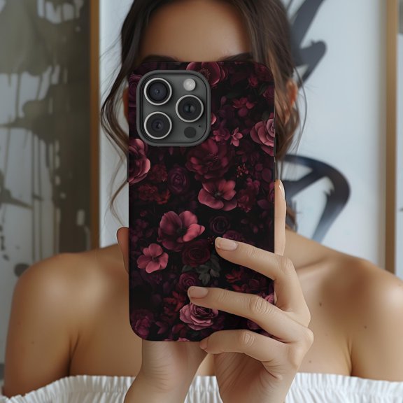Protective iPhone Case Gothic Floral Phone Case Dark Pink Flower Moody Design IP13/14 Magnetic MagSafe Compatible