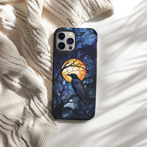 Protective iPhone Case Gothic Raven Stained Glass Phone Case Dark Crow Mosaic IP13 Pro Magnetic MagSafe Compatible