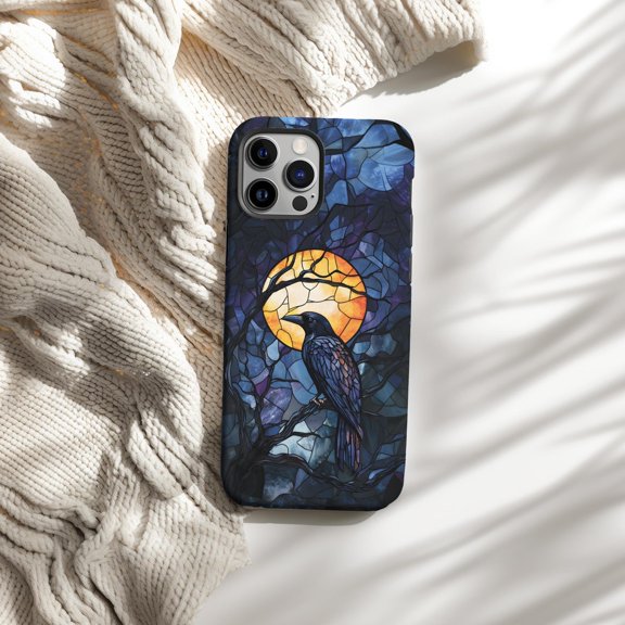 Protective iPhone Case Gothic Raven Stained Glass Phone Case Dark Crow Mosaic IP16 Magnetic MagSafe Compatible