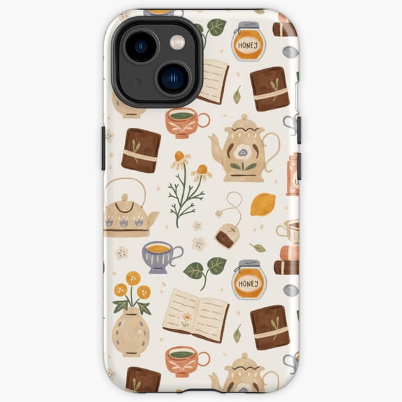 Protective iPhone Case Gouache Books And Tea Bookstore Library Cozy Cafe Heavy Duty Shockproof Hard Shell IP13/14 Magnetic MagSafe Compatible