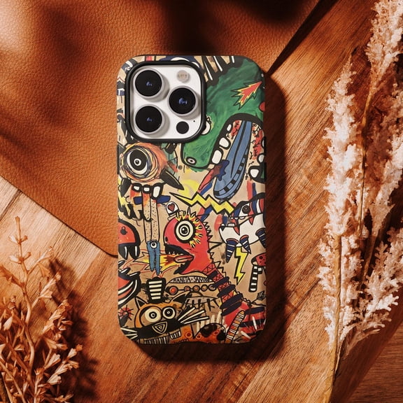 Protective iPhone Case Graffiti Dinosaur Street Art Pop Urban Spray Paint Splash Case IP16 Magnetic MagSafe Compatible