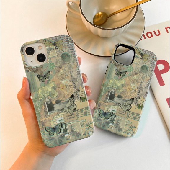 Protective iPhone Case Green Newspaper Splices Phone Case Unique Media Design IP13/14 Magnetic MagSafe Compatible