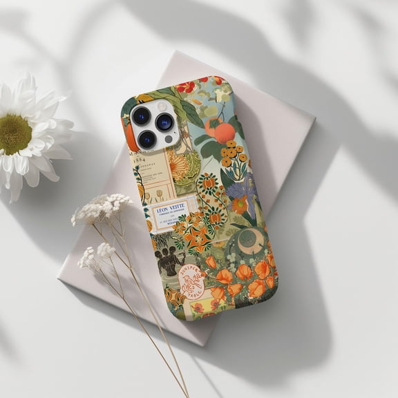 Protective iPhone Case Green and Orange Collage Phone Case Fun Trendy Preppy Look IP15 Magnetic MagSafe Compatible