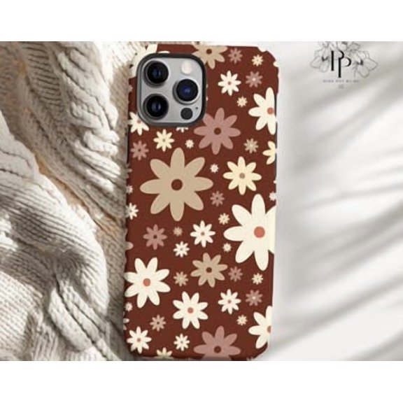 Protective iPhone Case Groovy Retro Floral Phone Case Boho Checkerboard Vintage Aesthetic IP13/14 Magnetic MagSafe Compatible