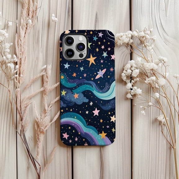 Protective iPhone Case Hand Painted Night Sky Protective Cell Phone Case Pastel Clouds Rainbow Cover IP13/14 Magnetic MagSafe Compatible