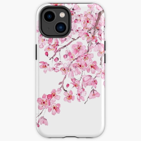 Protective iPhone Case Hand Painted Pink Cherry Blossom Japanese Sakura Art Heavy Duty Shockproof Hard Shell IP15 Magnetic MagSafe Compatible