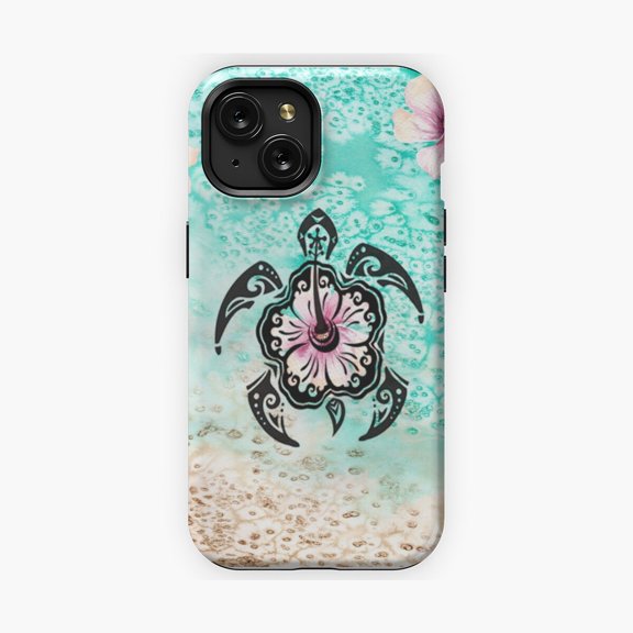 Protective iPhone Case Hibiscus Sea Turtle Tropical Phone Case IP15 Magnetic MagSafe Compatible