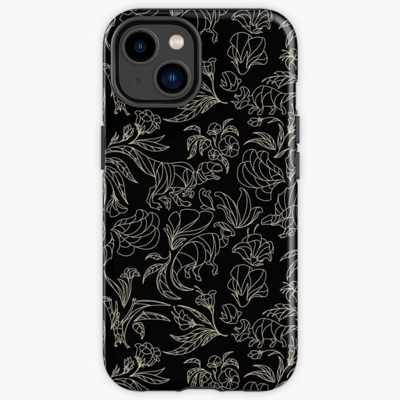 Protective iPhone Case Hidden Dinosaurs Elegant Floral Pattern Black And Gold Heavy Duty Shockproof Hard Shell IP16 Magnetic MagSafe Compatible