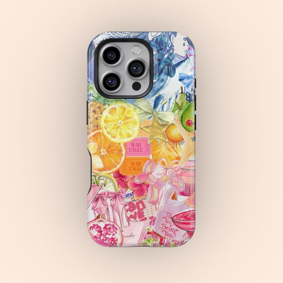 Protective iPhone Case Italian Summer Beach Collage Phone Case Coastal Aesthetic Lemon Tile Case IP15 Magnetic MagSafe Compatible