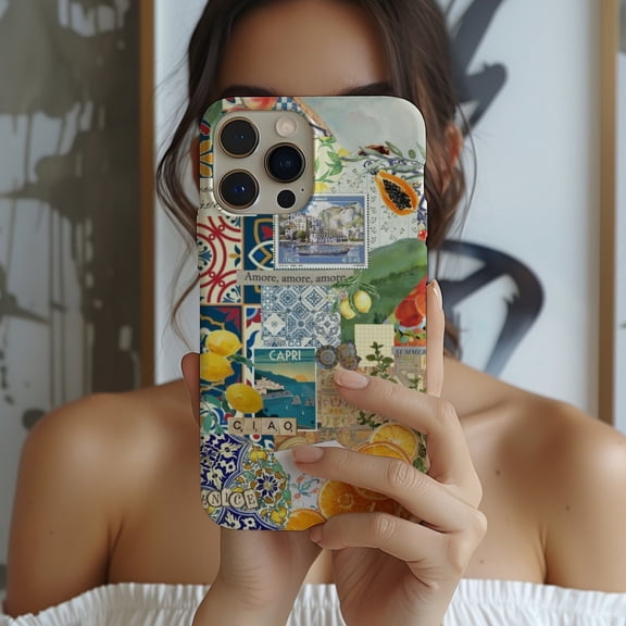 Protective iPhone Case Italian Summer Collage Phone Case Travel Inspired Style IP13/14 Magnetic MagSafe Compatible