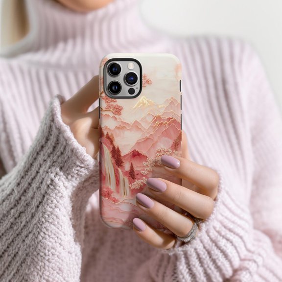 Protective iPhone Case Jade Pink Mountain Waterfall Asia China Art Marble Stone Fluid Cover IP13/14 Magnetic MagSafe Compatible