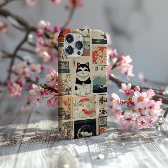 Protective iPhone Case Japanese Art Collage Cat Koi Asia Flower Durable Shield IP13/14 Magnetic MagSafe Compatible