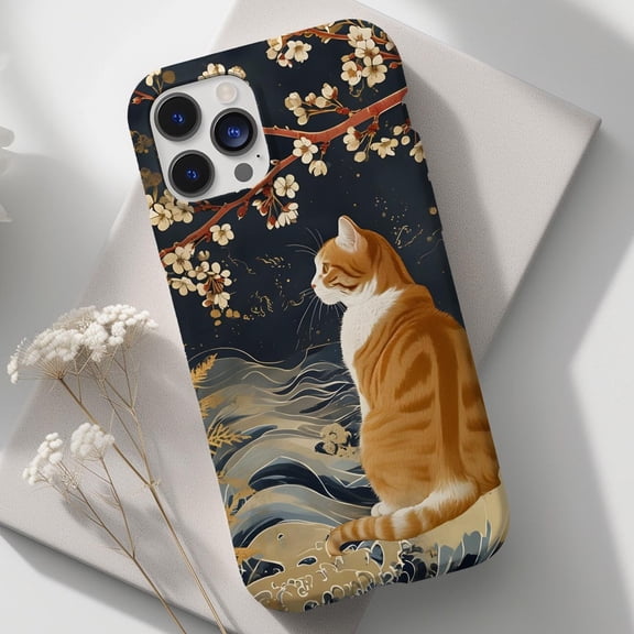 Protective iPhone Case Japanese Cat Phone Case Cherry Blossom Cover IP16 Magnetic MagSafe Compatible