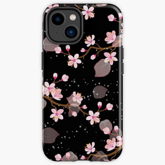 Protective iPhone Case Japanese Cherry Blossom Floral Repetition Pattern Black Background Phone Case IP15 Magnetic MagSafe Compatible