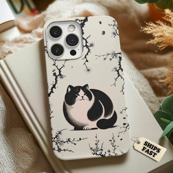 Protective iPhone Case Japanese Ink Cat Phone Case Minimalist Sumi-e Style IP13/14 Magnetic MagSafe Compatible