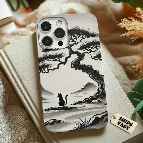 Protective iPhone Case Japanese Ink Cat Phone Case Minimalist Tree Landscape IP13/14 Magnetic MagSafe Compatible
