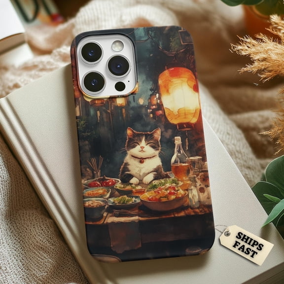 Protective iPhone Case Japanese Night Market Cat Phone Case Lantern Dining Scene IP16 Magnetic MagSafe Compatible