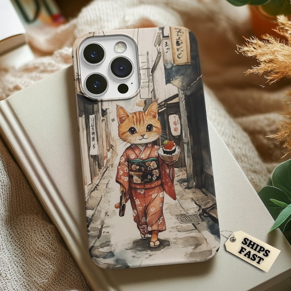 Protective iPhone Case Japanese Sushi Cat Phone Case Kimono Inspired Artwork IP16 Magnetic MagSafe Compatible
