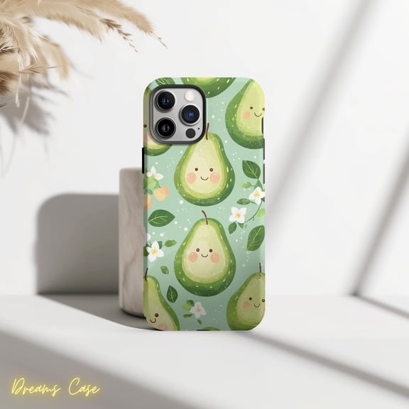 Protective iPhone Case Kawaii Avocado Phone Case Cute Green Floral Pattern IP13/14 Magnetic MagSafe Compatible