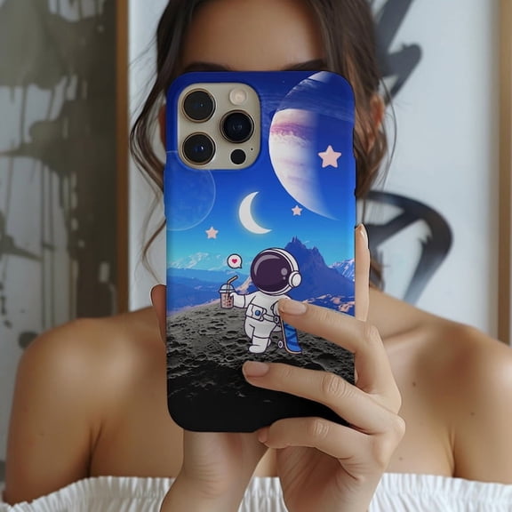Protective iPhone Case Kawaii Boba Phone Case Astronaut Purple Design IP15 Magnetic MagSafe Compatible