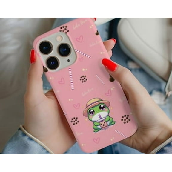 Protective iPhone Case Kawaii Boba Phone Case Cute Frog Design IP16 Magnetic MagSafe Compatible