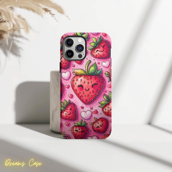 Protective iPhone Case Kawaii Strawberry Phone Case Cute Aesthetic Pattern IP16 Magnetic MagSafe Compatible