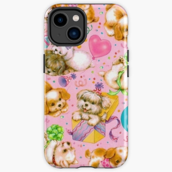 Protective iPhone Case Kidcore Puppy Party Retro Vibrant Multi Breed Cartoon Dog Shield IP13/14 Magnetic MagSafe Compatible