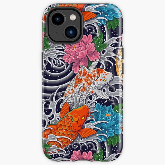 Protective iPhone Case Koi Fish And Floral Pattern Traditional Japanese Wave Heavy Duty Shockproof Hard Shell IP15 Magnetic MagSafe Compatible