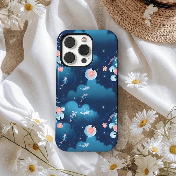 Protective iPhone Case Koi Fish Lotus Phone Case Mystical Night Water Lily Pond Dreamy Pond Design IP16 Magnetic MagSafe Compatible