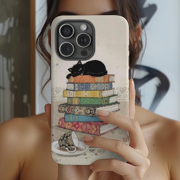 Protective iPhone Case Lazy Cat Bookish Phone Case with Cute Reading Design Layout IP16 Magnetic MagSafe Compatible