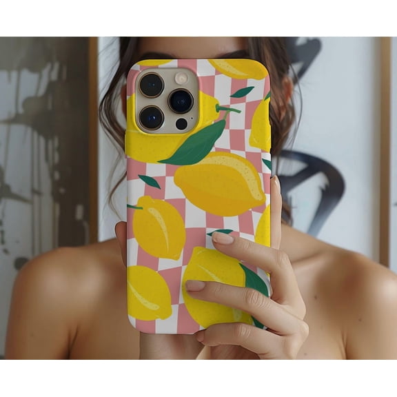 Protective iPhone Case Lemon Checkered Phone Case Retro Pink Gingham Aesthetic Cover Layout IP13/14 Magnetic MagSafe Compatible