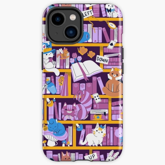 Protective iPhone Case Library In Wonderland Bookshelves Cheshire Cat Magic Portal Cover IP13/14 Magnetic MagSafe Compatible